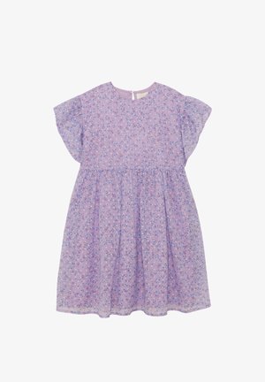 Lilla kjole med korte ærmer, lille blomsterprint, rund halsudskæring, rynket talje og knaphulslukning med knap bagpå.