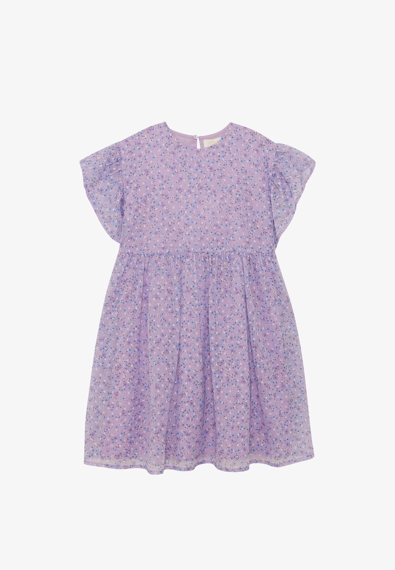 Vestito lilla a maniche corte con stampa floreale piccola, scollo rotondo, vita arricciata e chiusura con bottone a goccia sul retro.