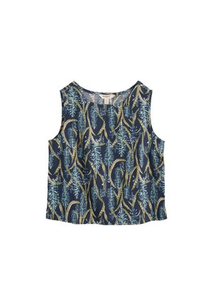 Marineblauw mouwloos crop topje met blauwgroen botanisch bladpatroon en ronde halslijn.