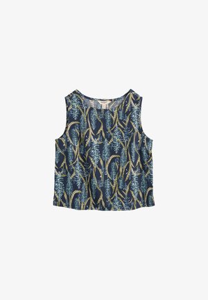 Top corto senza maniche blu navy con motivo botanico di foglie blu e verdi e scollo rotondo.
