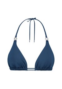 Marine driehoek bikini top met verstelbare bandjes, geplooide textuur, dubbele zijkanten en zilverkleurige decoratieve hardware.