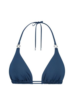 Haut de bikini triangle bleu marine avec bretelles réglables, texture froncée, bandes latérales doubles et quincaillerie décorative en ton argent.