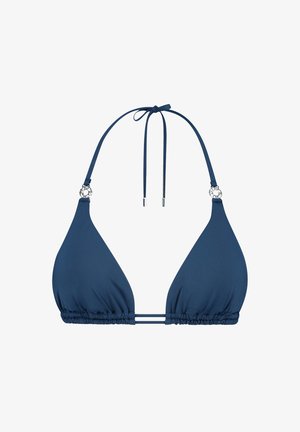Námořnická trojúhelníková bikinová podprsenka s nastavitelnými ramínky, nařasenou texturou, dvojitými bočními pásky a dekorativními prvky ve stříbrném tónu.