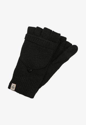 Black knitted fingerless gloves with a ribbed cuff, featuring a button and small pocket detail. Soft texture and durable material.