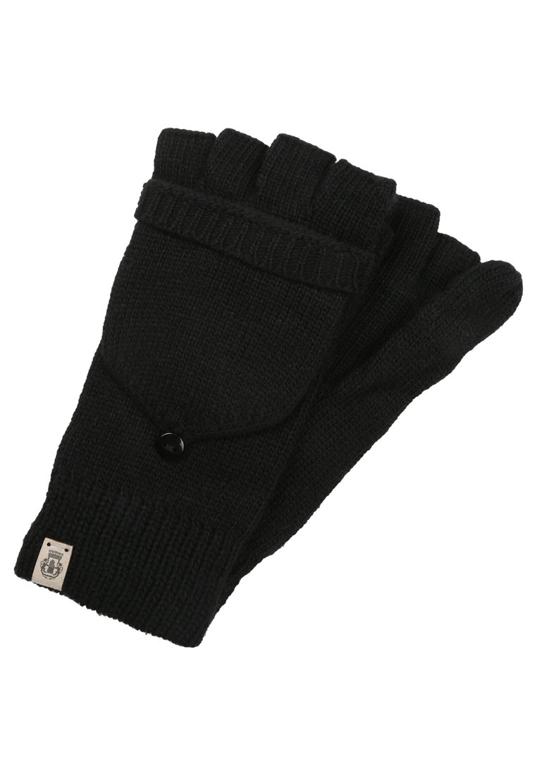 Schwarze gestrickte fingerlose Handschuhe mit einem gerippten Bündchen, ausgestattet mit einem Knopf und einem kleinen Taschen-Detail. Weiche Textur und strapazierfähiges Material.