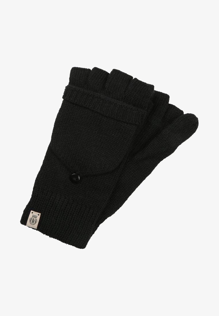 Black knitted fingerless gloves with a ribbed cuff, featuring a button and small pocket detail. Soft texture and durable material.