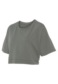 Cropped t-shirt in muted green, made of soft, lightweight fabric. Features a rounded neckline and short, loose sleeves with subtle stitching detail.