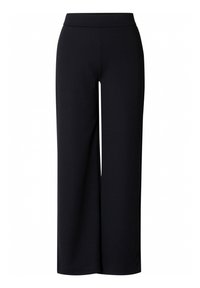 Zwarte wijde broek met een elastische tailleband. Gemaakt van een gladde, rekbare stof. Strakke lijnen en geen zichtbare patronen of accenten.