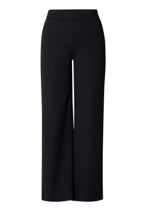 Black wide-leg pants with an elastic waistband. Made from a smooth, stretchy fabric. Clean lines and no visible patterns or accents.