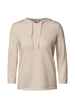 Beige, långärmad hoodie tillverkad av textil med struktur. Har en huva med dragsko och en avslappnad passform, med ett subtilt mönster genom hela plagget.