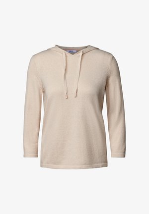 Beige, langarmige hoodie gemaakt van gestructureerde stof. Beschikt over een capuchon met trekkoord en een relaxte pasvorm, met een subtiel patroon overal.