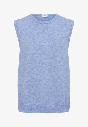 Šviesiai mėlynas be rankovių megztinis su apvaliu kaklu, tekstūruota medžiaga ir laisvas siluetas. Apatiniai kraštai ir kaklas dekoruoti raukšlėta juosta.