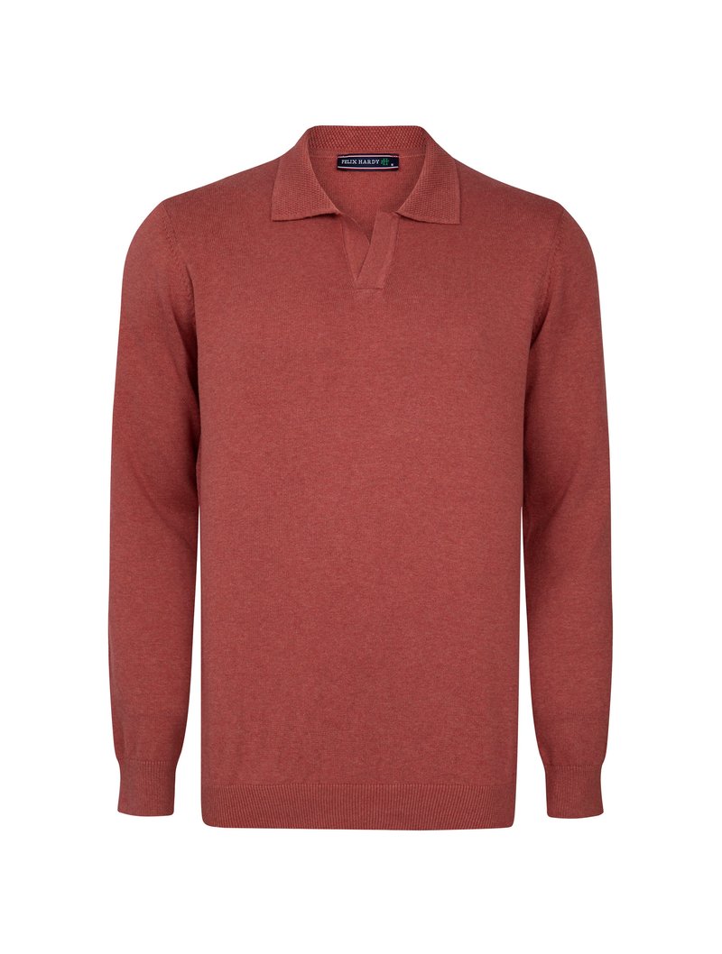 Sweater polo de manga larga rojo, hecho de tejido de punto, con cuello plano, tapeta en forma de V y puños y dobladillo acanalados.