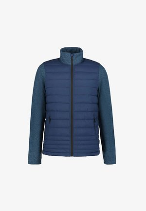 Giacca trapuntata blu con colletto alto, caratterizzata da una parte superiore uniforme, maniche blu lavorate e una zip frontale con tasche laterali.