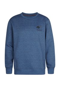 Sweat-shirt bleu avec un col rond, des poignets et un ourlet côtelés, un tissu texturé et une petite impression de logo sur la poitrine.