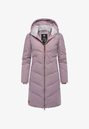 Ljuslila isolerad jacka med huva, sicksack-kviltning, frontdragkedja och gummimärke med logotyp. Fodrad med grått tyg.