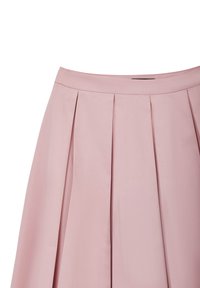 Gonna plissettata rosa chiaro con vita ampia e pieghe a lama equidistanti, presentata su sfondo bianco.