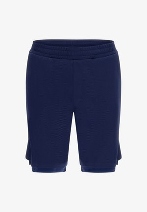 Marineblauwe mesh sportshorts met een elastische tailleband, voorzien van zijsplitten voor mobiliteit en een gestructureerde stof voor ademend vermogen.