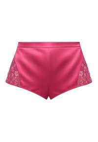Pink satin shorts with lace accents on the sides, featuring a tailored fit and a high-waisted design for a sleek silhouette.