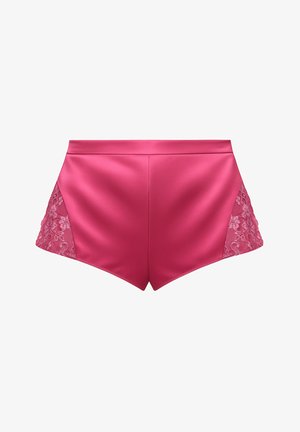 Růžové saténové šortky s krajkovými detaily na stranách, s přiléhavým střihem a vysokým pasem pro štíhlý siluetu.