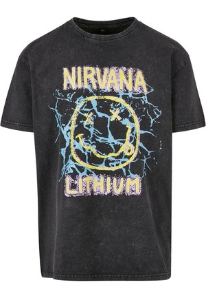 Black cotton t-shirt with a round neck, featuring a distressed graphic print of a smiley face and text "NIRVANA LITHIUM" in vibrant colors.