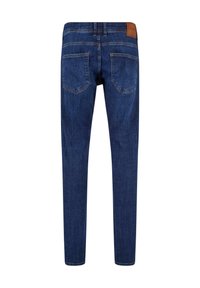 Jean slim en denim bleu foncé vu de dos avec deux poches arrière et une étiquette de marque en cuir marron sur la ceinture.