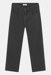 Jeans in denim nero con un taglio a gamba dritta, design a cinque tasche e cuciture visibili. Presentano una vita standard con chiusura a bottone.