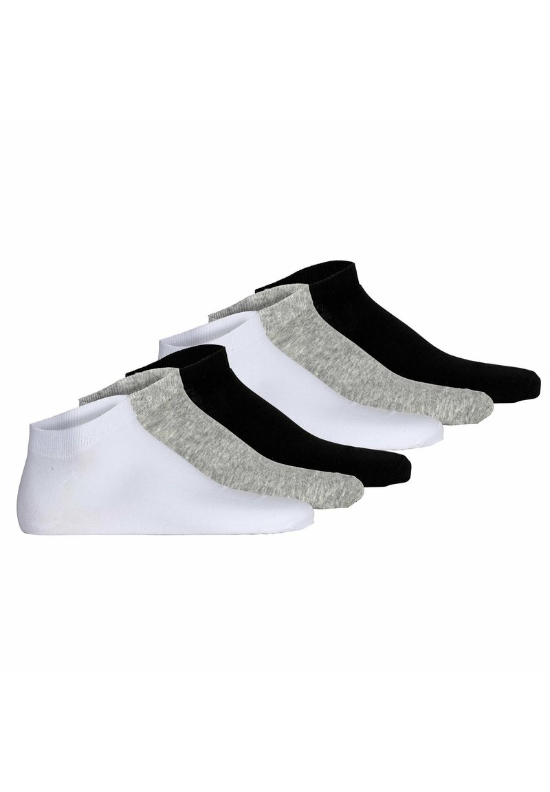 Cinco pares de calcetines bajos en negro, blanco y gris. Fabricados en algodón con una textura suave y aberturas elásticas para un ajuste seguro.