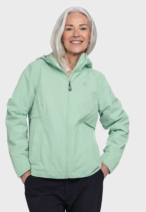 Hellgrüne wasserdichte Jacke mit Reißverschluss, verstellbarem Kapuze und zwei seitlichen Taschen; zeichnet sich durch eine glatte, leichte Textur aus.