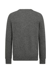 Grå strikket sweater med ribbet tekstur, rund hals og lange ærmer. Bagvisningen viser et sømløst design uden pynt.