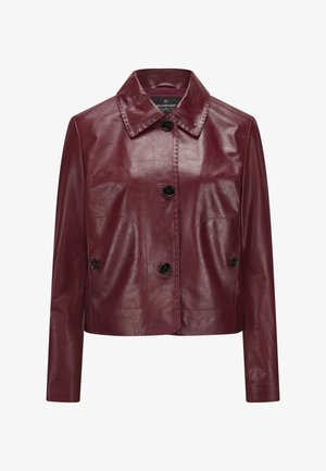 Burgunderfarbene Lederjacke mit Kragen, knöpfen an der Vorderseite und zwei großen Taschen. Glatte Textur, minimalistisches Design und taillierte Passform.