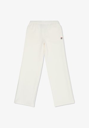 Hvide bukser med vide ben og elastisk taljebånd samt lille Fila-logo på højre hofte, lagt fladt på en hvid baggrund.