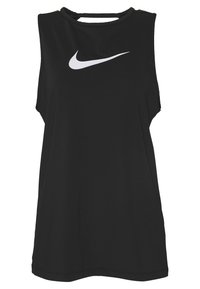 Czarny bezrękawnik sportowy z okrągłym dekoltem i dyskretnym otwarciem z tyłu. Z przodu znajduje się białe logo Nike na piersi. Miękki, elastyczny materiał.