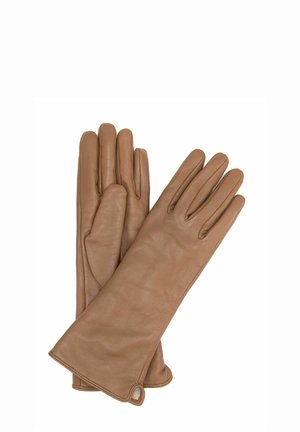 Brązowe rękawiczki ze skóry o gładkim wykończeniu, z klasycznym wzorem na pięć palców i subtelnym elastycznym akcentem na nadgarstku.