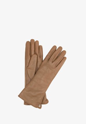 Brązowe rękawiczki ze skóry o gładkim wykończeniu, z klasycznym wzorem na pięć palców i subtelnym elastycznym akcentem na nadgarstku.