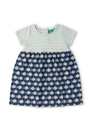 Baby-Kleid mit hellblau-weiß gestreiftem Oberteil und marineblauem Rock, verziert mit wiederholtem Muster aus weißen, blauen und orangen Blumen.