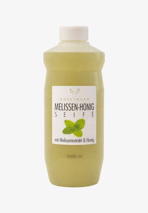 Green plastic bottle of 1000 ml liquid soap. Label features white background with green text and mint leaf graphics. Flip-top cap.
