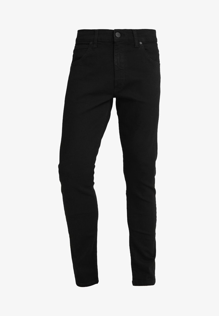 Black skinny jeans made of denim. Features five pockets, a front button closure, and subtle stitching on the back.