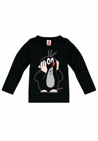 Black long-sleeve children's T-shirt featuring a graphic of a cartoon mole with a gray belly, white eyes, and a red nose, printed on soft fabric.