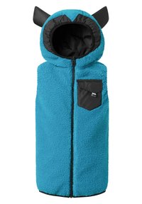 Fleece-Weste in strahlendem Blau mit Kapuze, schwarzen Ohr-Akzenten, einem Frontreißverschluss und einer schwarzen Tasche auf der linken Seite. Weicher Stoff.