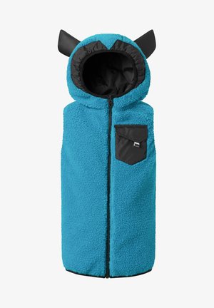 Gilet en polaire bleu vif avec capuche, accents d'oreilles noirs, fermeture éclair à l'avant et poche noire sur le côté gauche. Texture douce.