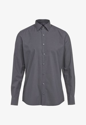 Chemise gris foncé à manches longues avec boutons, col pointu et poignets boutonnés, présentée sur fond blanc.