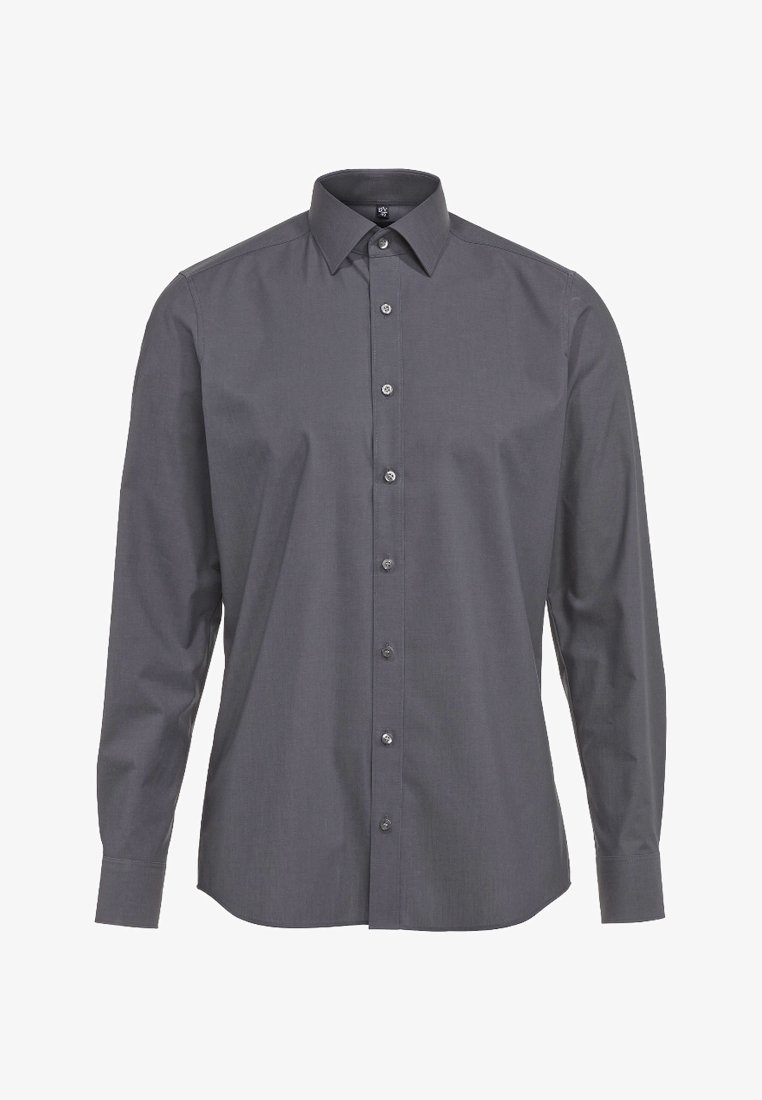 Chemise gris foncé à manches longues avec boutons, col pointu et poignets boutonnés, présentée sur fond blanc.