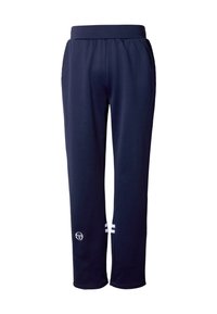 Granatowe spodnie dresowe z szerokim, elastycznym pasem, bocznymi kieszeniami oraz białymi paskami przy mankietach. Na dolnej części nogawki znajduje się logo.