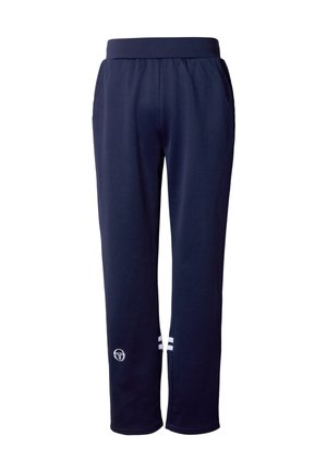 Marinblå mjukisbyxor med bred resårmidja, sidofickor och vita ränder nära fållen. Har en logga på nedre benet.