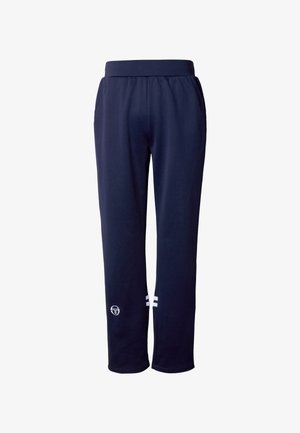Marineblauwe joggingbroek met een brede elastische tailleband, zijzakken en witte streepdetails bij de zoom. Voorzien van een logo op het onderbeen.