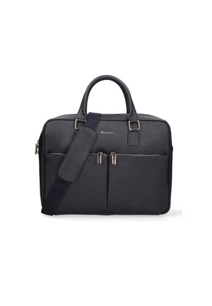 Zwarte gestructureerde laptoptas van textuurmateriaal, met dubbele bovenhandvatten, een afneembare schouderband en twee voorste ritszakken.