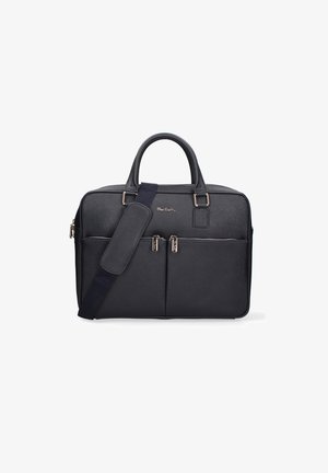 Borsa per laptop nera e strutturata realizzata in materiale testurizzato, con doppio manico superiore, una tracolla removibile e due tasche frontali con zip.