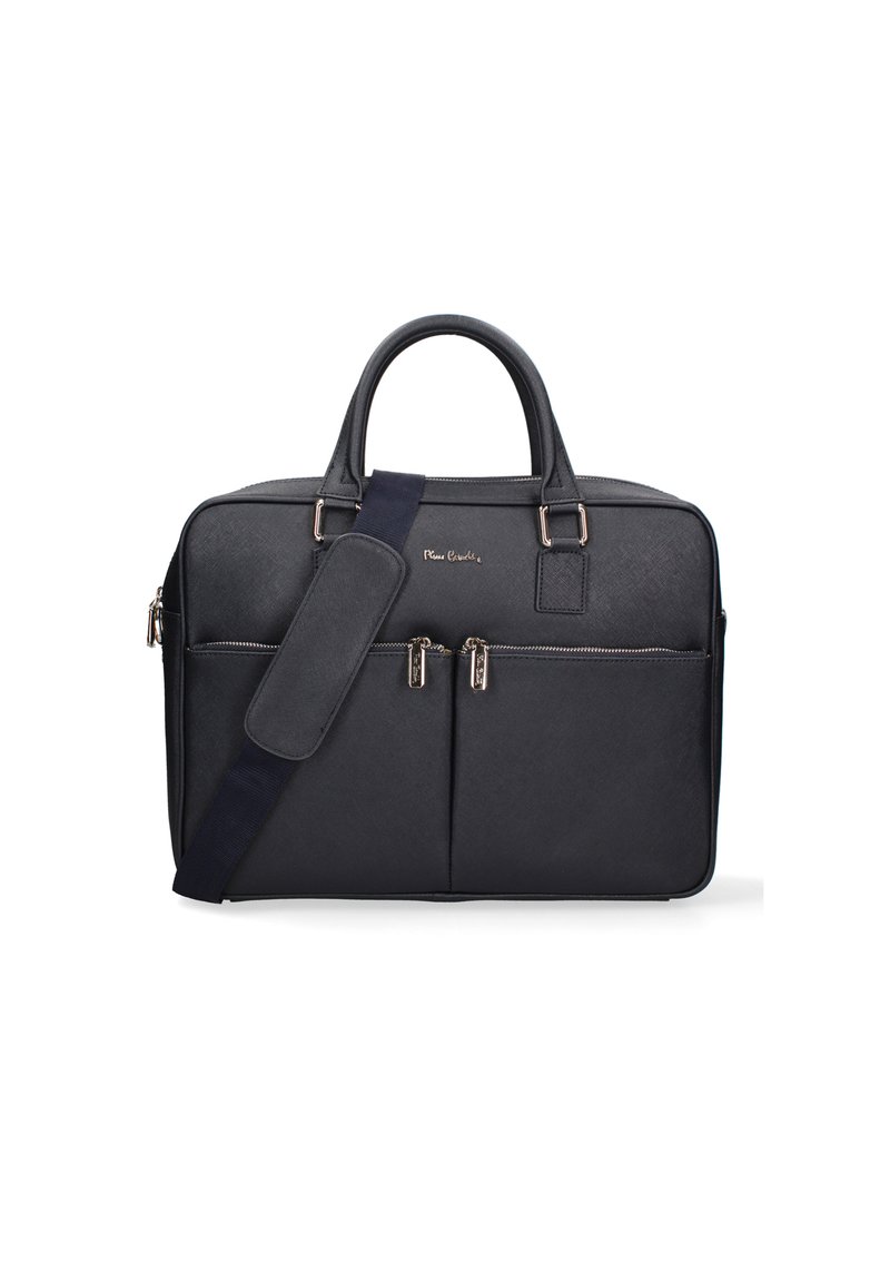 Borsa per laptop nera e strutturata realizzata in materiale testurizzato, con doppio manico superiore, una tracolla removibile e due tasche frontali con zip.