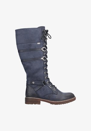 Bottes en suède et cuir bleu marine montantes jusqu'au genou, dotées de lacets, d'accents métalliques et d'une semelle texturée pour une meilleure adhérence.